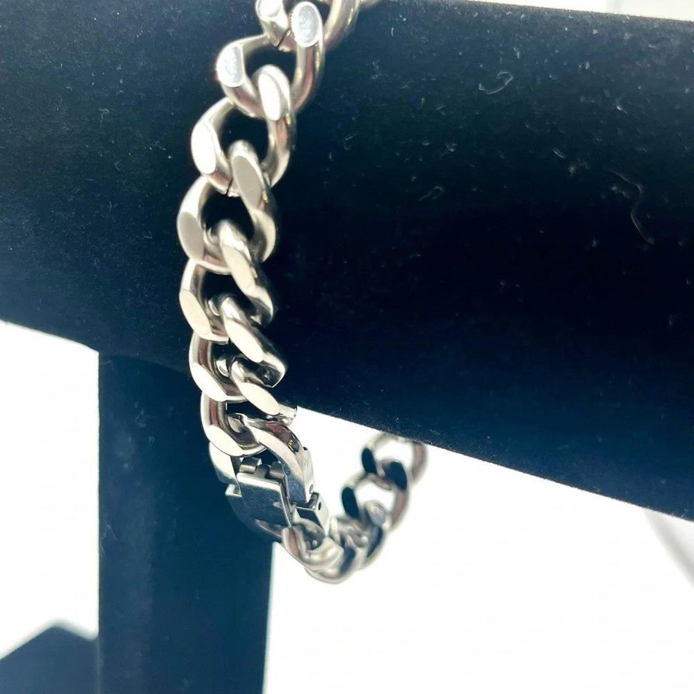 Blue bar rhinestone chain bracelet silver tone chunky modern